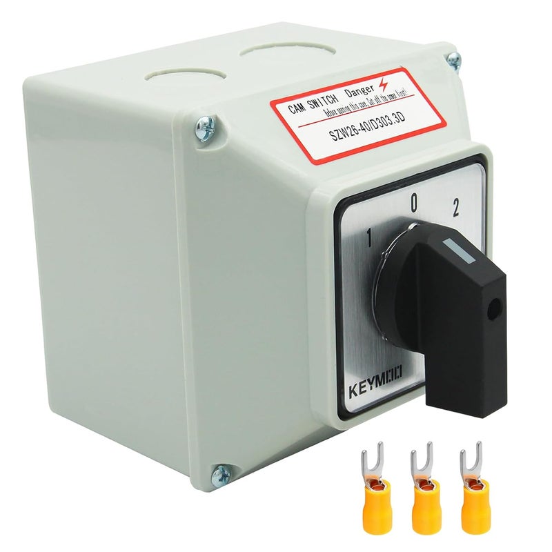 Keymoo 40A Rotary Changeover Switch With Exterior Box, 3 Position 3 Phase 12 Terminals, Universal Selector With AWG 12-10 Yellow Terminals, Cam Box IP65 40/D303.3D - Image 1